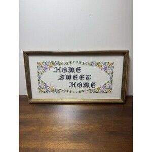 Vintage Handcrafted Embroidery Framed Art Home Sweet Home Cottage Needlepoint